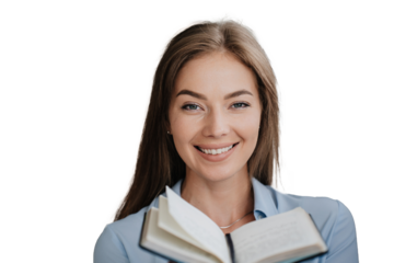 Close up cheerful caucasian woman in blue shirt holds opened diary looks at camera toothy smiles against transparent background. Adorable Italian girl offers book. Pretty blonde female planning week.