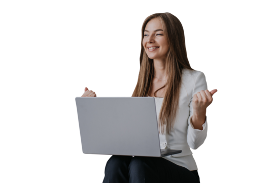 Successful young female entrepreneur talks via internet  clenched fists like a winner, smiling makes video call against transparent background, sits on couch, using laptop. Business, remote education.
