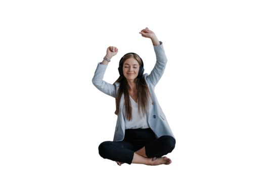 blonde Caucasian girl in headphones, blue jacket, black pants dancing against transparent background eyes closed at home sits on floor, break, time to relax. Fit Italian young entrepreneur celebrates - Powered by Adobe