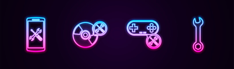 Set line Smartphone service, CD or DVD disk, Gamepad and Wrench. Glowing neon icon. Vector © vector_v