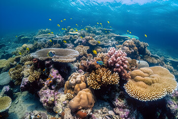 Naklejka na ściany i meble A Vibrant Display of Marine Biodiversity in a Healthy Coral Reef: The Beauty of Nature's Interconnected Ecosystem - AI Generative