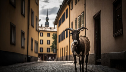 A goat posing on a cobblestone street in Stockholm old town in Sweden