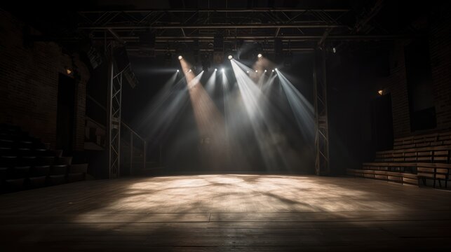 Empty Theatre Stage with Spotlights Illuminating the Darkness. Generative ai illustration