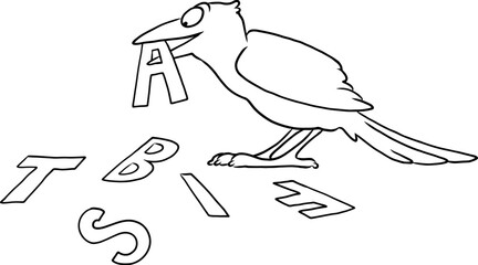 Obraz premium Cartoon eines Vogels mit dem Buchstabe A aus dem Alphabet im Schnabel beim buchstabieren, lesen und schreiben lernen für mehr Bildung und Wissen