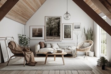 Danish Bohemian living room in attic with mock up poster frame. Generative AI