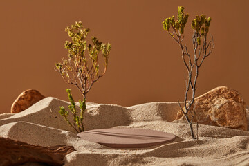 Minimalist scene decorated with some stones and trees. An empty round podium placed on the sand to...