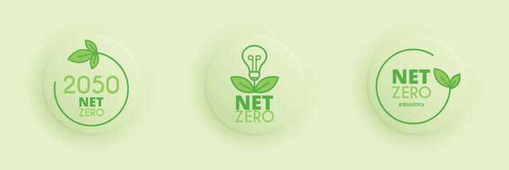 Zero emission by 2050. 3 emblems in green circles. Carbon neutral. Net zero greenhouse gas emissions objective. Climate neutral long term strategy. Vector illustration, flat, clip art.