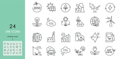 Net zero line icon set. Carbon neutral and net zero concept. Climate change, melting glaciers, deforestation, sustainable fuelEditable vector stroke. vector illustration.