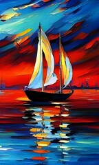 painting of sailboat at sunset