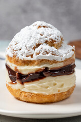 Cake with cream and liquid chocolate filling. Powdered Sugar Cake. Close up.