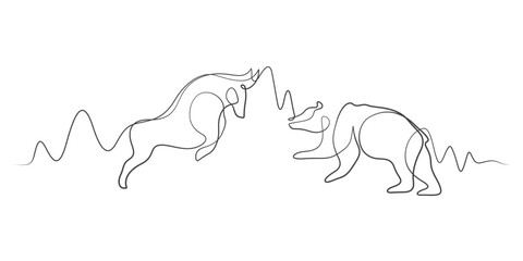 stock market exchange bull and bear concept in continuous line drawing calligraphic vector style illustration