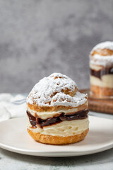 Cake with cream and liquid chocolate filling. Powdered Sugar Cake. Close up.