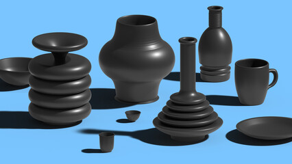 Black ceramic dishes set on the table, 3d illustration on blue background