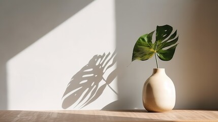 Minimal, modern white stone counter table, tropical monstera plant tree, sunlight on white wall background for luxury fresh organic cosmetic, skin care, beauty treatment product display generative AI