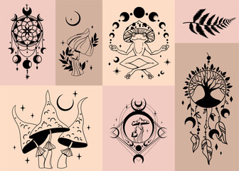 Mysticism vector clipart kit, Celestial frog, Flower moon and mushrooms, fern leaf, mystical dream catcher isolated illustrations bundle in black and white
