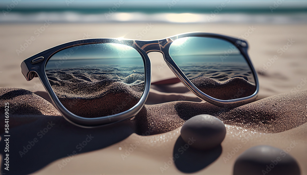 Wall mural sunglasses lie on the beach and reflect the sandy beach - generative ai