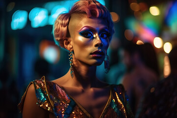 portrait of transgender drag queen man with makeup in women's dress. Generative AI