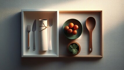An illustration of kitchen objects and vegetables in frames: empty, blank, nobody, no people, photorealistic, image, Generative AI