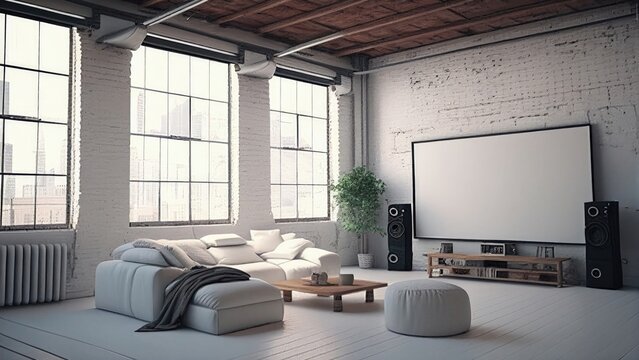 Loft living room interior with a projection screen on the white brick wall: empty, blank, nobody, no people, photorealistic, illustration, Generative AI