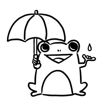 傘をさすカエルの線画イラスト