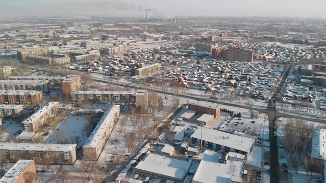 omsk flying over winter residential district, 21 amur