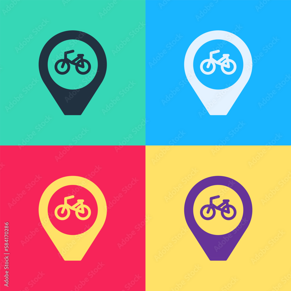 Poster pop art map pointer with bicycle icon isolated on color background. vector