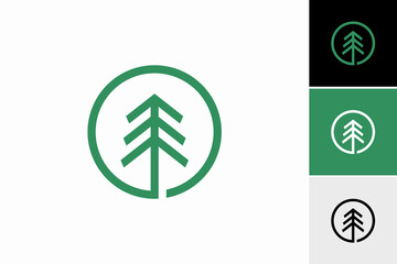 pine tree green monoline on circle vector logo