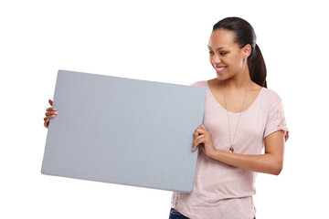 Advertising, board and woman with sign, billboard and poster on an isolated and transparent png background. Marketing, branding mockup and happy model for announcement, news and information