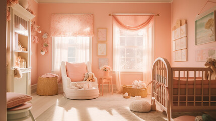 Pink and Pastel Baby Nursery, Vintage Aesthetic with Natural Lighting and Wood Tones, Beautiful Accessories in Children's Bedroom, Editorial Photography Style - Generative AI