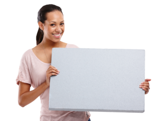 Advertising, board and woman with sign, billboard and poster on an isolated and transparent png background. Marketing, branding mockup and happy model for announcement, news and information