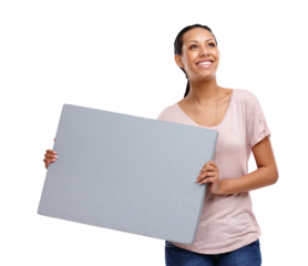 Advertising, board and woman with sign, billboard and poster, thinking of idea on isolated, transparent png background. Marketing information, branding mockup or happy model for announcement or news