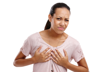 Woman, breast and cancer holding chest in pain, discomfort or ache on an isolated and transparent png background. Portrait of young female touching painful, sore or hurt injury with sad look on face