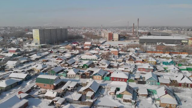 omsk flying over winter residential district, 21 amur