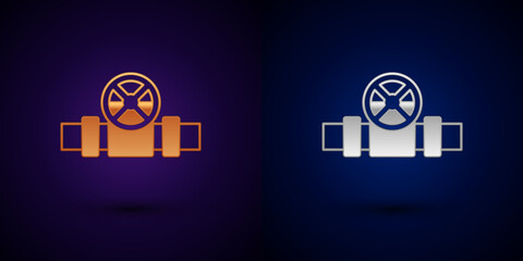 Gold and silver Industry metallic pipes and valve icon isolated on black background. Vector