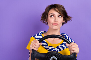Photo of minded lady wear trendy striped clothes suspiciously look empty space hmm drive lesson...