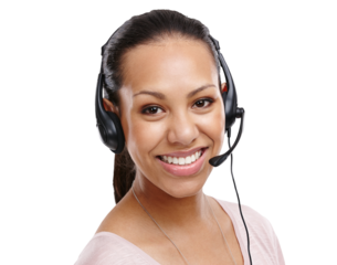 Woman, portrait and call center consultant with headset for CRM and customer service on an isolated and transparent png background. Contact us, telemarketing and support, smile and care of agent
