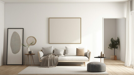 Stylish Living Room Interior with Mockup Frame Poster, Modern interior design, 3D render, 3D illustration
