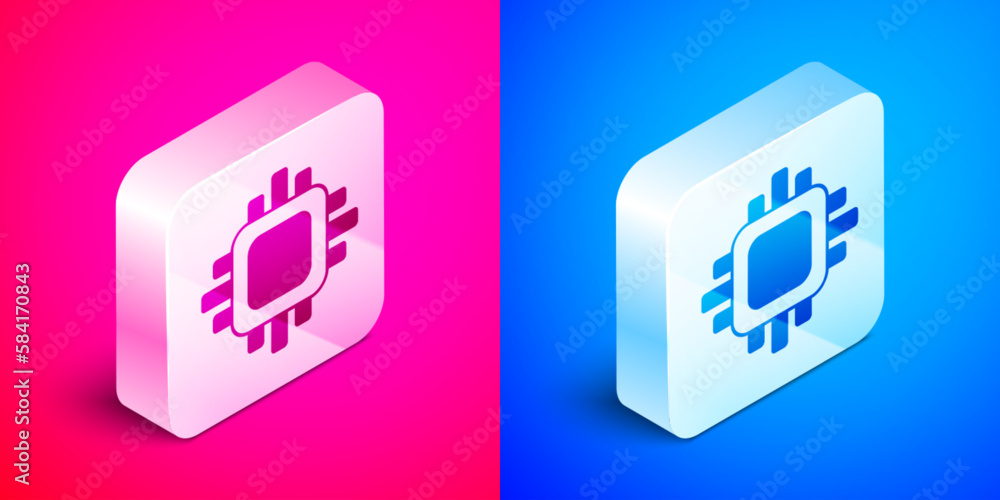 Poster isometric computer processor with microcircuits cpu icon isolated on pink and blue background. chip 