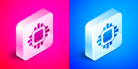Isometric Computer processor with microcircuits CPU icon isolated on pink and blue background. Chip or cpu with circuit board. Micro processor. Silver square button. Vector