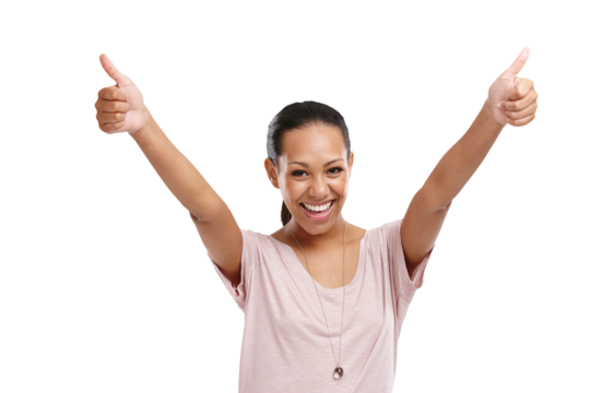 Portrait, thumbs up and motivation with a woman on an isolated and transparent png background. Emoji, hands and support with a young female winner giving like for review or feedback