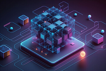Revolutionizing Digital Data Transmission with Blockchain: Exploring the Isometric Background and Non-Fungible Token (NFT) Concept for the Future of Transactions - obrazy, fototapety, plakaty