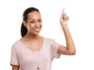 Woman, portrait and pointing finger up in studio for advertising mockup, marketing promo or sales product suggestion. Happy smile and point hands on an isolated and transparent png background