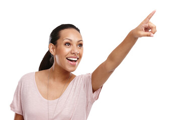 Woman, excited and pointing finger up in studio for advertising mockup, marketing promo or sales product suggestion. Smile and point hands on an isolated and transparent png background