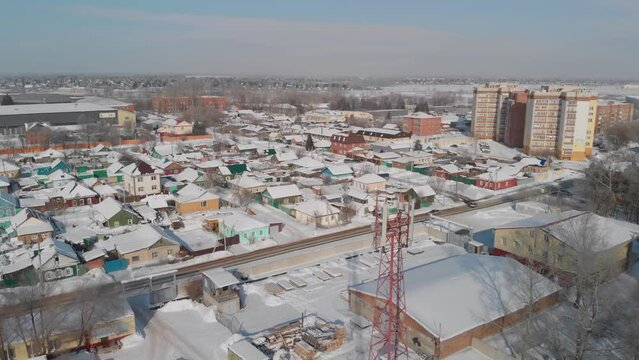 omsk flying over winter residential district, 21 amur