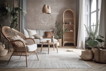 Wallpaper and parquet bohemian living room. White and gray sofa, jute mat, and rattan armchair. Bohemian wood decor,. Generative AI