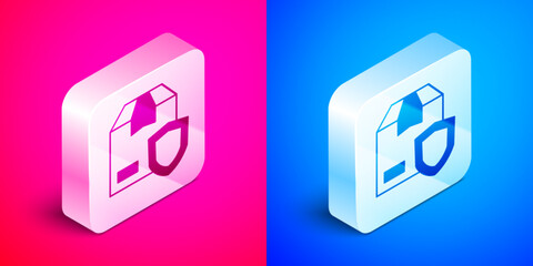 Isometric Delivery security with shield icon isolated on pink and blue background. Delivery insurance. Insured cardboard boxes beyond the shield. Silver square button. Vector