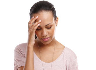 Headache, woman and face with pain, stress and portrait of crisis or anxiety on a isolated and transparent png background. Bad mental health, depression or psychology of frustrated girl with migraine