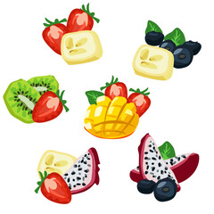 Fruit mix set. Vector illustration of banners with various tropical fruits highlighted on a white background. Fresh fruits in the selection of a taste mix in a cartoon flat style