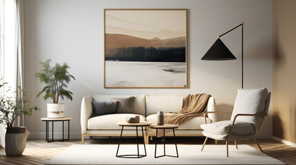 Stylish Living Room Interior with Mockup Frame Poster, Modern interior design, 3D render, 3D illustration