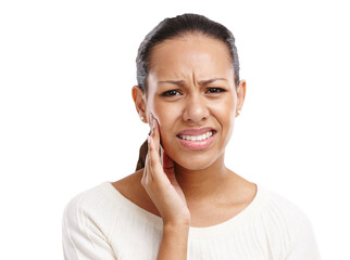 Woman, face and toothache pain for dental care, mouth injury or medical wellness on an isolated and...